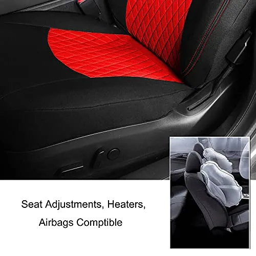 Front Custom Fit Two Tone Red/Black with Quilted Design Fully Wrapped Fabric Cloth Seat Covers for 2017-2022 Tesla Model 3 & Model Y (2 Pieces)