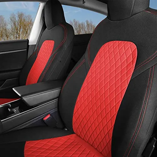 Front Custom Fit Two Tone Red/Black with Quilted Design Fully Wrapped Fabric Cloth Seat Covers for 2017-2022 Tesla Model 3 & Model Y (2 Pieces)