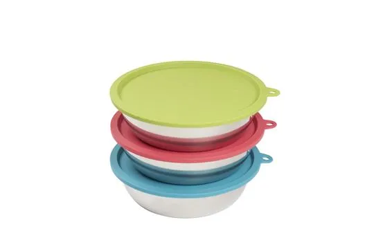 Messy Mutts Three Stainless Steel Dog Bowl and Three Silicone Lids Extra